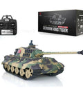 One Six Scale German King Tiger RC Tank RTR With 2.4G Radio, remote control and packaging box shown.