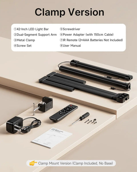 42 Inch LED Desk Lamp With Clamp And Remote Four Panel Architect Light Bar disassembled with components on a table