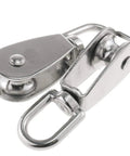 Heavy Duty M20 Single Pulley Block, Stainless Steel Swivel Lifting Pulley With One Wheel, 7mm Rope Compatibility, Waterproof And Rust Resistant, Ideal Rigging Gear For Hoisting, Hanging, DIY Projects, And Workshop Lifts. Close-up of stainless steel single pulley block with swivel hook.