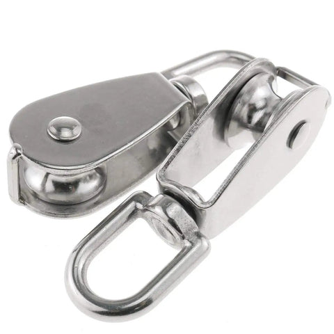 Heavy Duty M20 Single Pulley Block, Stainless Steel Swivel Lifting Pulley With One Wheel, 7mm Rope Compatibility, Waterproof And Rust Resistant, Ideal Rigging Gear For Hoisting, Hanging, DIY Projects, And Workshop Lifts. Close-up of stainless steel single pulley block with swivel hook.