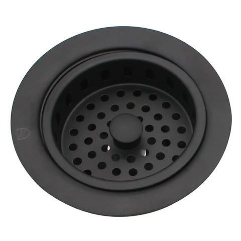 Combo Pack Post Style Kitchen Sink Basket Strainer And Waste Disposal Drain Flange With Stopper Matte Black Solid Brass Construction No Fuss Fit For Three And One Half Inch Openings Fits Most Major Brand Disposals over top view