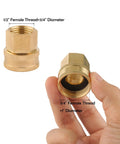 Brass Garden Hose Adapter One Half Inch NPT Female To Three Quarter Inch GHT Female With Double Swivel Connector No Fuss Rustproof Easy To Use Quick Connect For Standard Hose Fittings, brass adapter shown with size labels