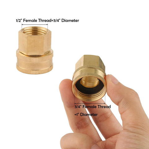 Brass Garden Hose Adapter One Half Inch NPT Female To Three Quarter Inch GHT Female With Double Swivel Connector No Fuss Rustproof Easy To Use Quick Connect For Standard Hose Fittings, brass adapter shown with size labels