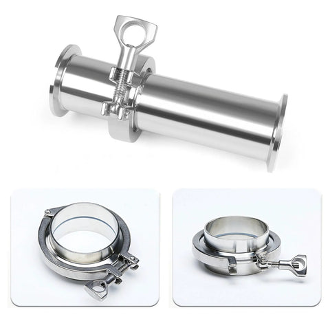 Two 2-inch stainless steel tri-clamp ferrules with silicone gaskets and wing-nut clamps