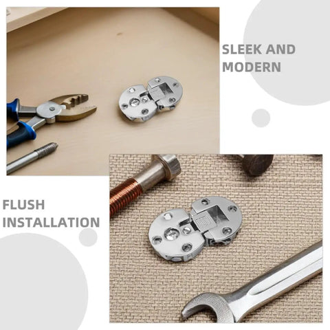 4 Pack 90 Degree Adjustable Inset Concealed Flush Cabinet Hinges with Premium Silver Finish next to tools.