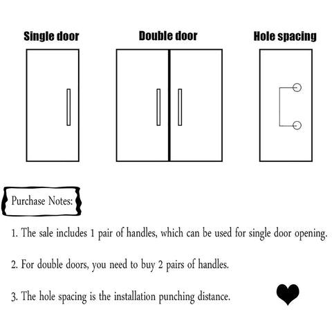 Diagram showing single and double door setups with hole spacing instructions for Beefy Black Stainless Steel Door Hardware Set.