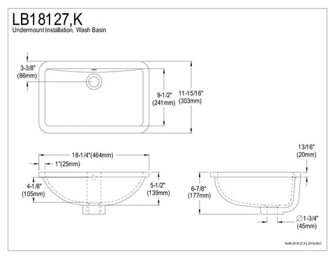 Technical diagram of Undermount Bathroom Sink With Overflow In White, Premium Vitreous China, High Chemical And Thermal Shock Resistant
