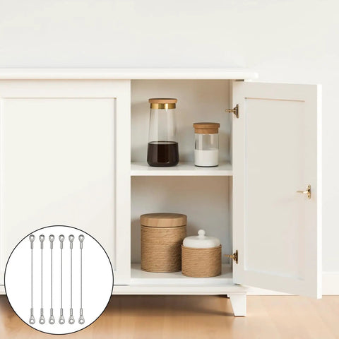Open cabinet showing jars with six inch cabinet door stops and hinge limiters, stainless steel, to protect door opening angle.
