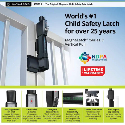 MagnaLatch Vertical Pull 12 Inch Gate Latch With Magnetic Lock System installed on square gate frame, child safety lock