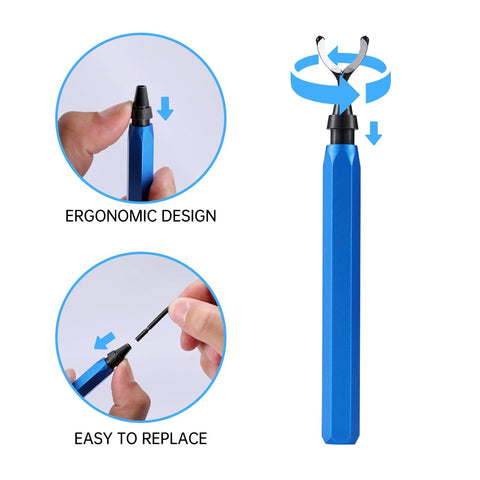 Front view of blue deburring tool with ergonomic hexagonal handle and replaceable blade