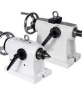 Heavy Duty Four Axis Tailstock Indexing Head For Cnc Lathes Featuring Manual Rotation And Rock Solid Cast Iron Construction For Precise Milling Drilling And Shop Ready Chipping Operations, showing two units in white.