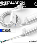 Six Pack One Foot T5 LED Linkable Light Fixtures With 600 Lumen Output 6500K Cool White Dope Bright Under Cabinet Shop Lights For Workbench Kitchen Garage Corded Electric With On Off Switch showing 59-inch power cord and hardwire options