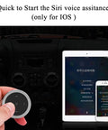 Hand holding Wireless Bluetooth Car Media Button With Steering Wheel Remote next to tablet and phone displaying Siri setup.