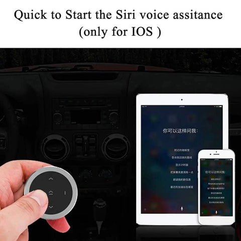 Hand holding Wireless Bluetooth Car Media Button With Steering Wheel Remote next to tablet and phone displaying Siri setup.