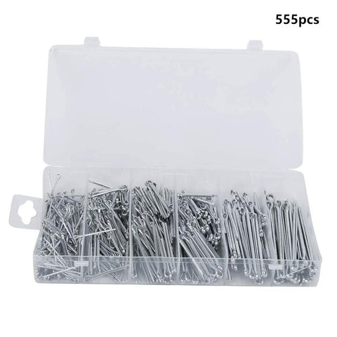 Heavy Duty Split Pin Assortment Kit With 556 Rust Resistant Cotter Pins In Various Sizes, showcasing assorted pins in clear storage case.