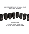 8 Piece Half Inch Drive Axle Nut Socket Set With 12 Point Sockets 29mm 30mm 32mm 34mm 35mm 36mm 38mm 39mm In Case.
