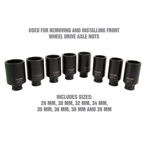 8 Piece Half Inch Drive Axle Nut Socket Set With 12 Point Sockets 29mm 30mm 32mm 34mm 35mm 36mm 38mm 39mm In Case.