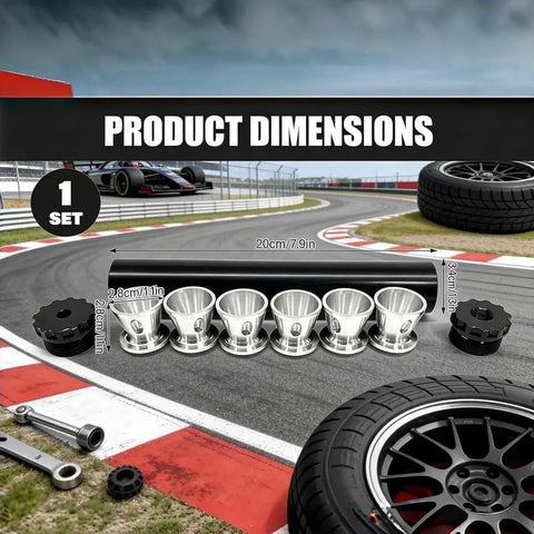 Heavy Duty Aluminum Solvent Filter Trap Kit One Half Inch By Twenty Eight Black With Multiple End Caps For Tough Automotive And Workshop Use Industrial Grade Performance, displayed on a racing track background with product dimensions highlighted.