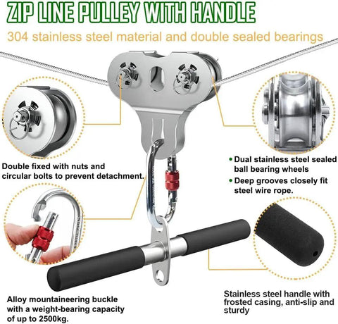 Backyard Zip Line Kit For Kids And Adults Up To 500 Lbs, Heavy Duty 304 Stainless Steel Cable, 80 Foot Line, Trolley Detail