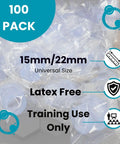 100-pack CPR training valves with universal 15mm/22mm size, latex-free for training use only
