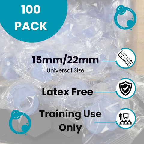 100-pack CPR training valves with universal 15mm/22mm size, latex-free for training use only