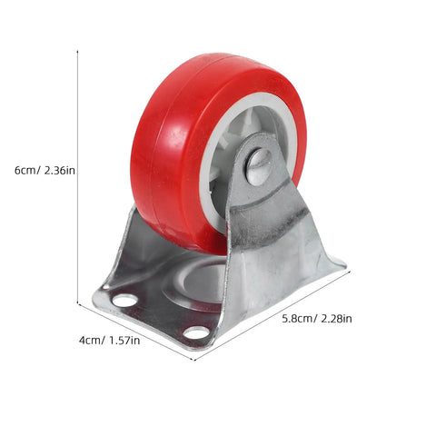 Six Pack Of Two Inch Rigid Rubber Casters With Steel Mounting Plate Heavy Duty Silent Rolling Wheels For Furniture Cart Workbench Smooth No Sweat Installation Process, red caster with steel plate dimensions shown.