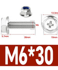M6 Cross Flange Bolts Kit With Serrated Washers That Grip And Anti Loosening Nuts 304 Stainless Steel M6x30 diagram