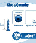 Heavy Duty Pocket Hole Screws 8x1 Inch, 300 Pack for Outdoor Exterior Wood Projects with Square Drive, Coarse Thread, Washer Head