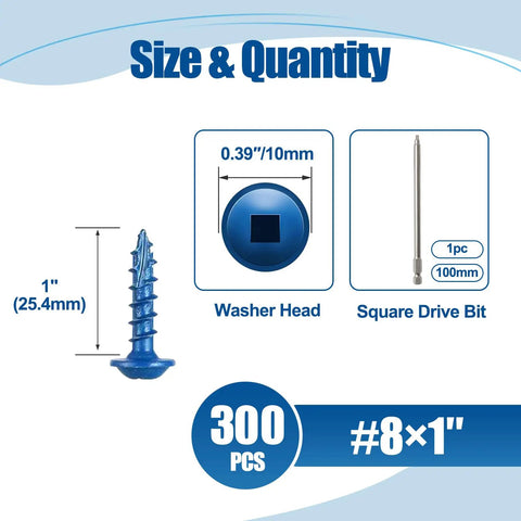 Heavy Duty Pocket Hole Screws 8x1 Inch, 300 Pack for Outdoor Exterior Wood Projects with Square Drive, Coarse Thread, Washer Head