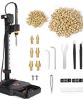 All In One Heat Set Insert Tool Kit With 200 Brass Inserts And 90W Soldering Iron For 3D Printing Pro Builds M2 Through M8 Knurled Nuts On PLA ABS PETG shown with tools and soldering iron.