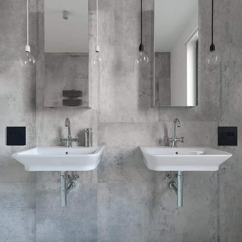 Bathroom with white sinks, mirrors, and 15 Amp Paddle Switch 1 Or 3 Way With Matching Graphite Wall Plate 4 Pack Sleek Upgrade.