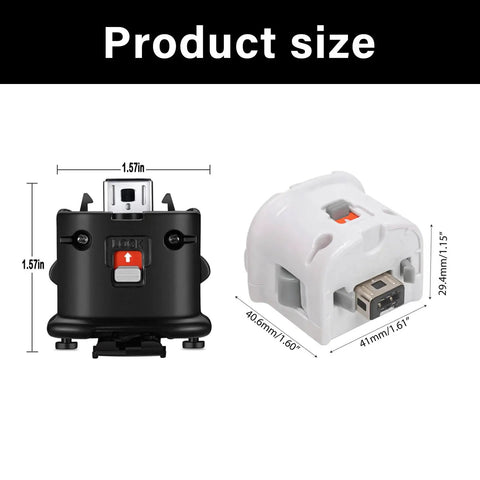Motion Controller External Adapter with Sensor Accelerator showing dimensions: 1.57in x 1.57in black and white adapters.