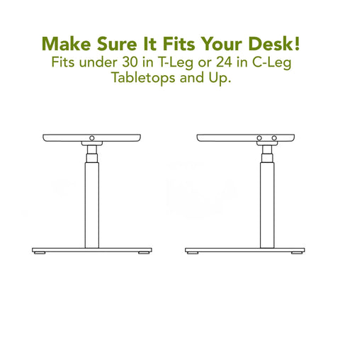No Sweat Heavy Duty Pull Out Under Desk Drawer, Slick Low Profile Desk Organizer And Commercial Grade Steel Storage Bin, Slides Right Into 30 Inch Deep Adjustable Desks, Office Setup fitting guide image showing T-Leg and C-Leg compatibility.