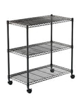 Sturdy 3 Tier Steel Wire Shelving Unit With Easy Roll Wheels And Adjustable Heights, black steel, three open shelves for storage.