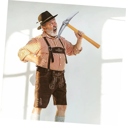 Person posing with pickaxe from Two Piece Dwarf Pickaxe And Spade Costume Props Set Lightweight Plastic Sponge Fun Tools For Party Favors Stage Performances Photo Shoots And Scene Decorating