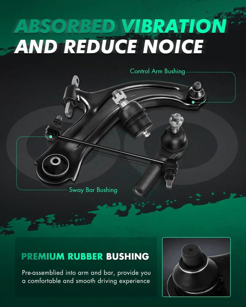 6 Piece Front Suspension Kit Replacement For 2006 To 2011 Buick Lucerne And Cadillac DTS Includes Front Lower Control Arms With Ball Joints, Outer Tie Rod End, And Sway Bar End Links For A Smooth Quiet Ride Pro Grade, black control arms and sway bar links