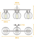 Diagram of Three Light Bathroom Vanity Light In Brushed Nickel Finish With Clear Glass Shades Wall Sconce For Mirror And Hallway Built Tough With Iron Construction Durable And Humidity Ready Model WLA1435 BNK, showing dimensions.