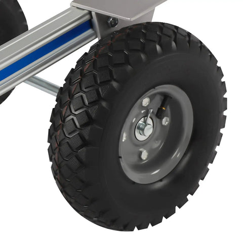 Close-up of a smooth 10 inch pneumatic tire on the Rugged Aluminum Folding Hand Truck And Rolling Dolly Cart With 500 Pound Capacity.
