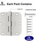 Rock Solid Three Point Five Inch Brushed Nickel Door Hinges Heavy Duty Interior Residential Pack showing hinge and screws for assembly.
