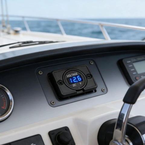 Ride-Ready Round Digital Voltage Gauge For Marine, Automotive, Motorcycle, Car, Truck, And RV 12V 24V 36V Battery Monitor With Blue LED Display, Flexible Mounting Panel Or Direct Mount, Clear Readout installed on boat dashboard
