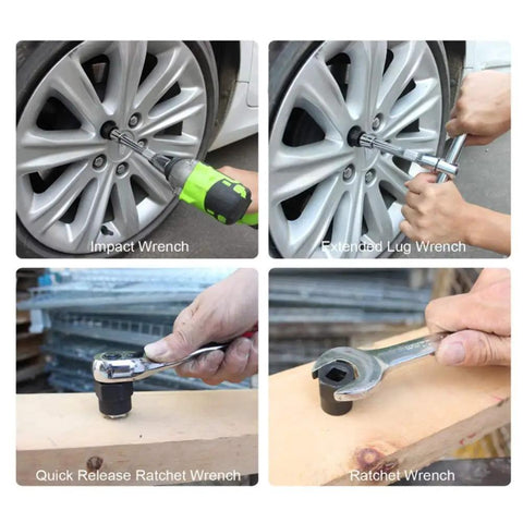 Impact and lug wrenches on car wheels, quick release ratchet wrench on wood, Bolt And Nut Removal Extractor Socket Tool Kit With Beast Grip