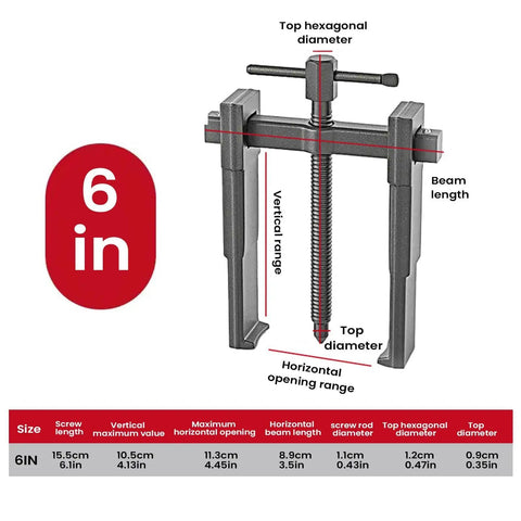 Best 2 Jaw Bearing Puller Kit With Low Profile Design Fits Tight Gaps To Scoop Bad Bearings Out Fast Safely For Home Garage Builds Or Pro Shop Jobs Using Heavy Duty Steel Build For Reliable Work When Fixing Vehicles Everywhere You Hit The Road. 6in steel bearing puller with size chart