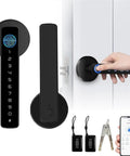 No Sweat Keyless Entry Smart Door Lock With Biometric Fingerprint Scanner And Mobile App Control for front door, showing fingerprint scanner and phone.