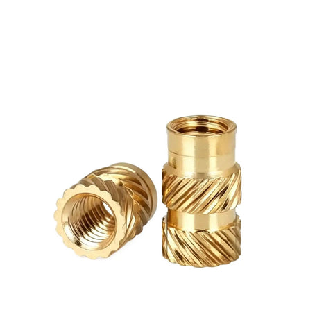 Straight Up Heavy Duty Brass Knurled Nuts 30 Piece Pack M2.5 Thread 3.5mm By 7.5mm showing two brass knurled nuts.