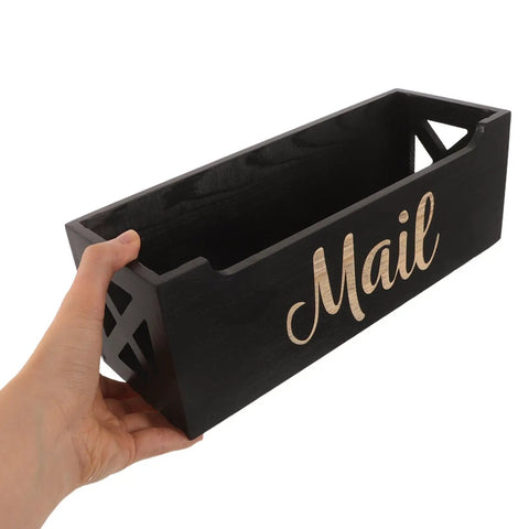 Wood Wall Mount Mail Organizer Keeps Envelopes Bills Letters And Cards Neatly In One Sweet Spot Ideal Home Office Storage Eleven Point Zero Two By Three Point Nine Four Inches Modern Minimalist Desk Box held in hand.