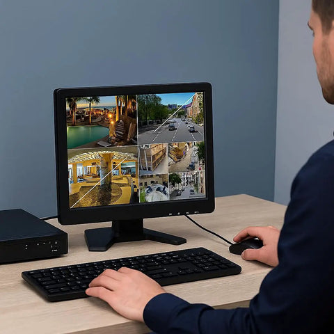15 Inch CCTV Monitor With BNC VGA HDMI AV Inputs, 4:3 1024x768 HD Display, USB Drive Player, monitoring security footage on desk