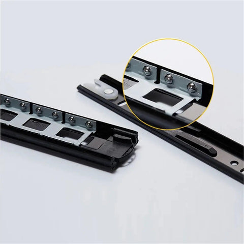 Close-up of pair of metal buffer drawer slides, 16 inch (400mm), three-section quiet rail with 45mm track width, smooth glide feature.