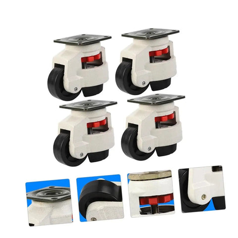 Rock Solid Heavy Duty Leveling Casters With Adjustable Support Feet And Universal Swivel Transport Wheels crafted for workbenches, featuring durable wheels and mounting plates.