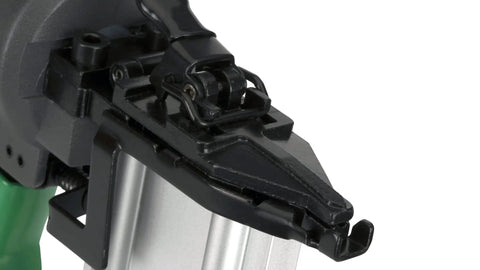 Close-up of the side-load magazine of the Top Shelf Pneumatic Brad Nailer Heavy Duty Compressed Air Wood Nail Gun.