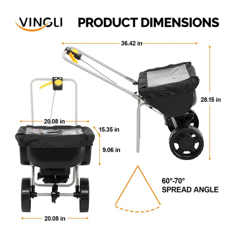 70 Lb Fertilizer Spreader With 15 Adjustable Drop Rate dimensions, showing 36.42x20.08x28.15 inches, black hopper with wheels